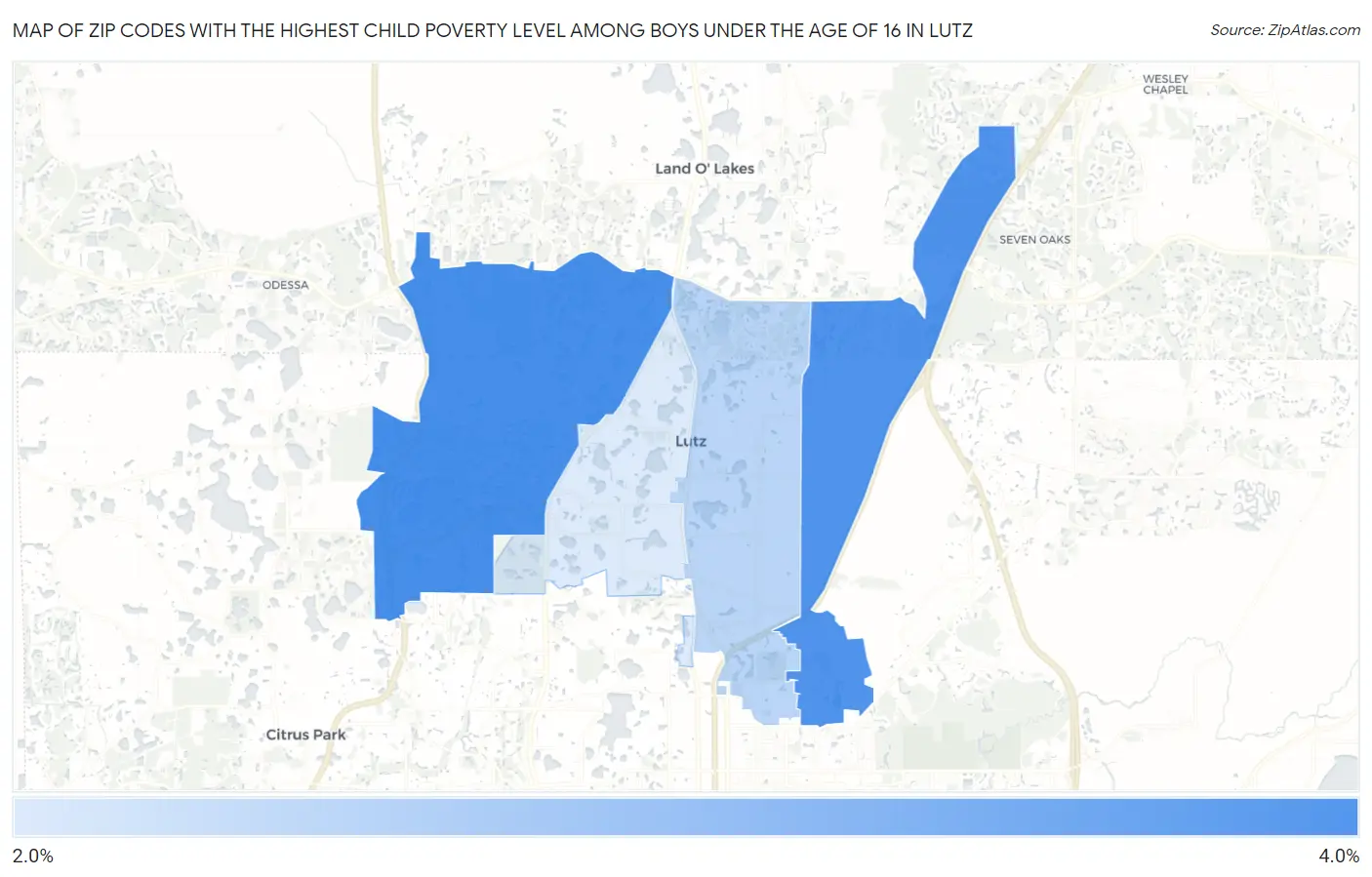 Zip Codes with the Highest Child Poverty Level Among Boys Under the Age of 16 in Lutz Map