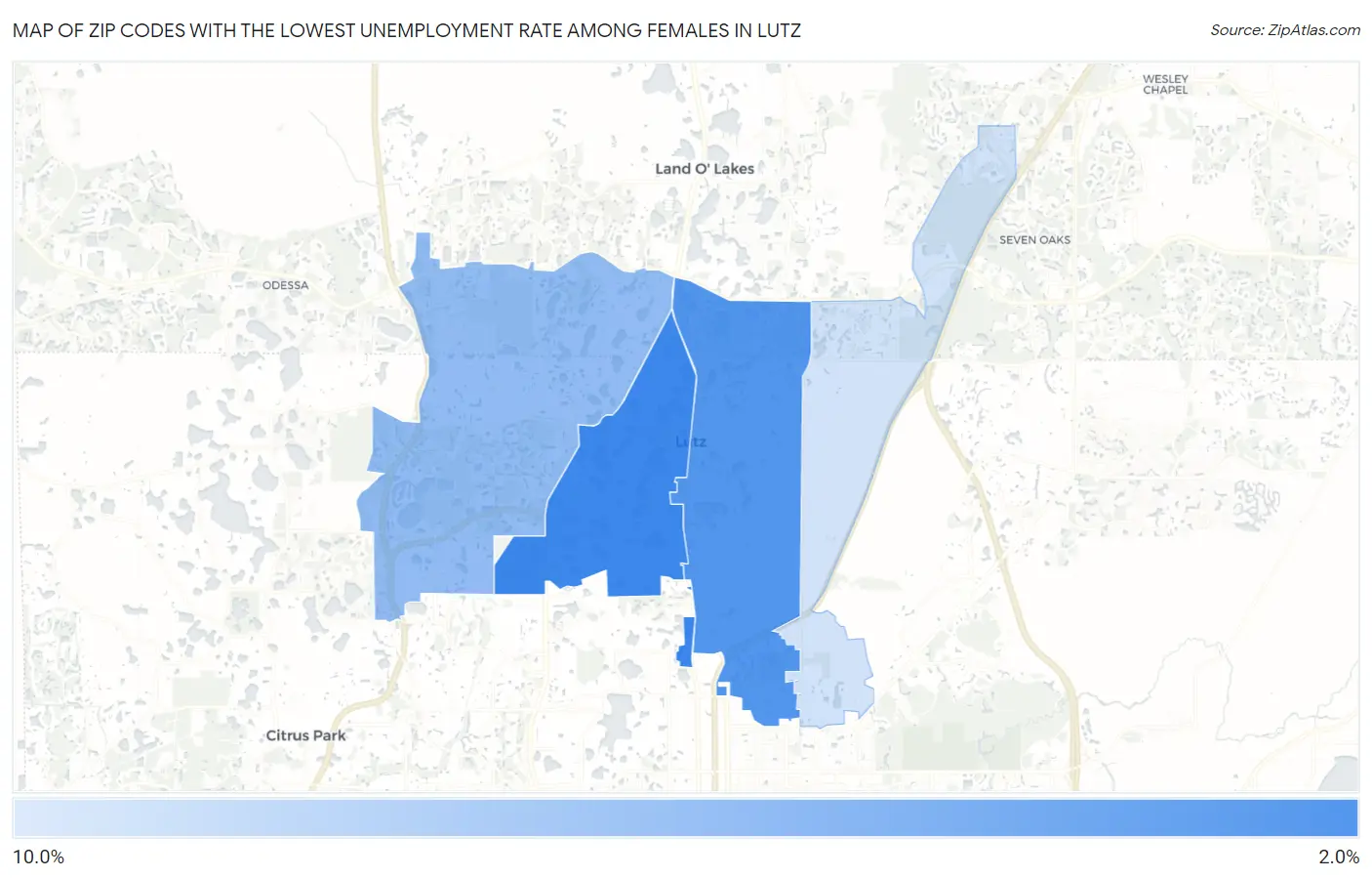 Zip Codes with the Lowest Unemployment Rate Among Females in Lutz Map
