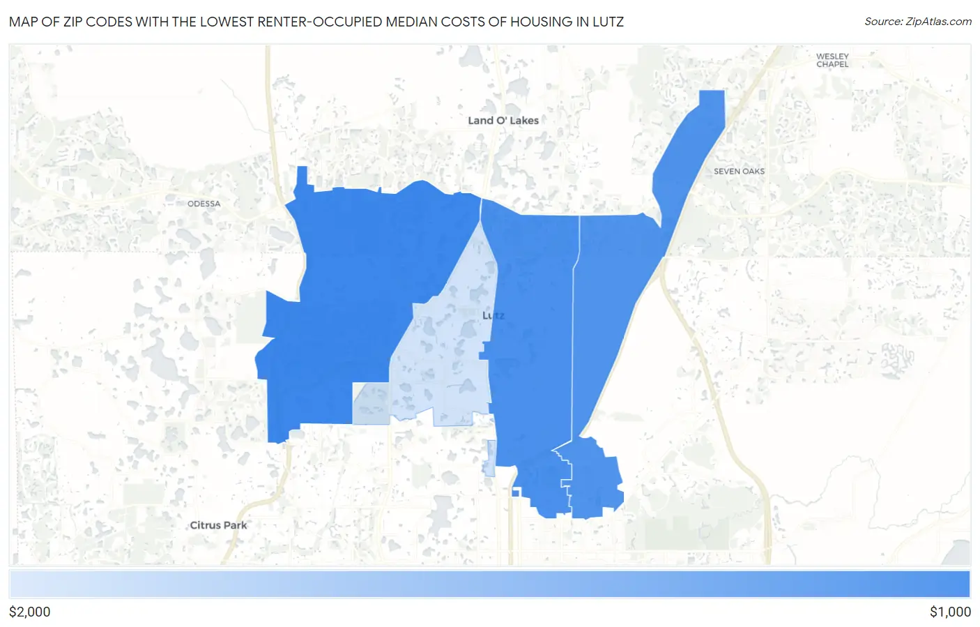 Zip Codes with the Lowest Renter-Occupied Median Costs of Housing in Lutz Map