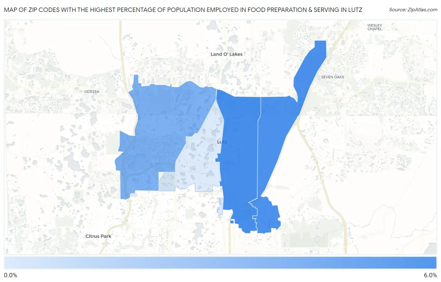 Zip Codes with the Highest Percentage of Population Employed in Food Preparation & Serving in Lutz Map