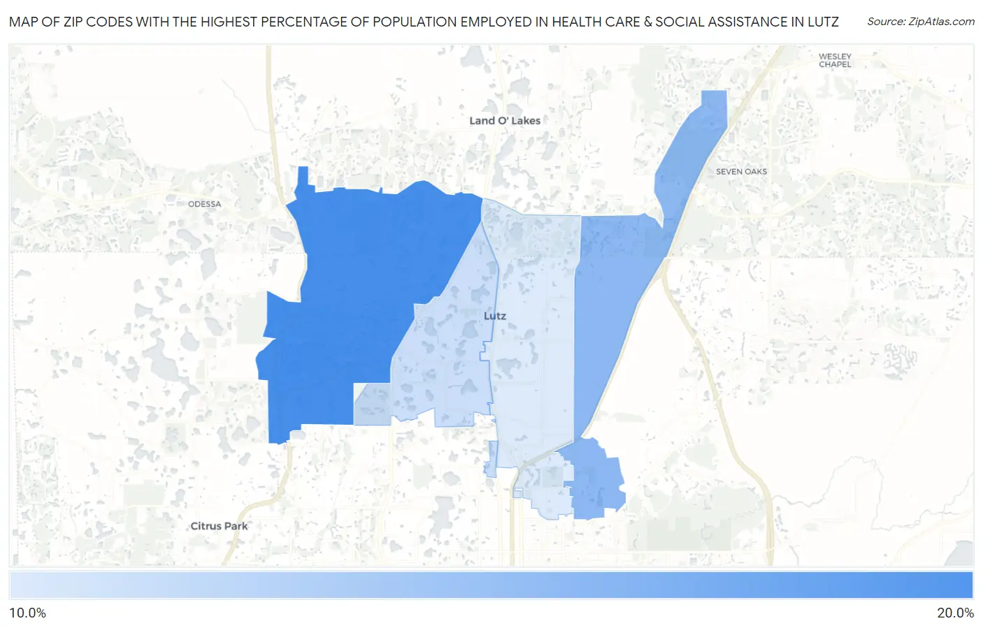 Zip Codes with the Highest Percentage of Population Employed in Health Care & Social Assistance in Lutz Map