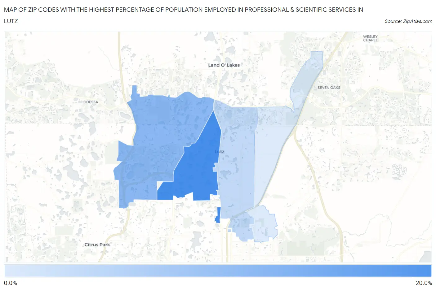 Zip Codes with the Highest Percentage of Population Employed in Professional & Scientific Services in Lutz Map