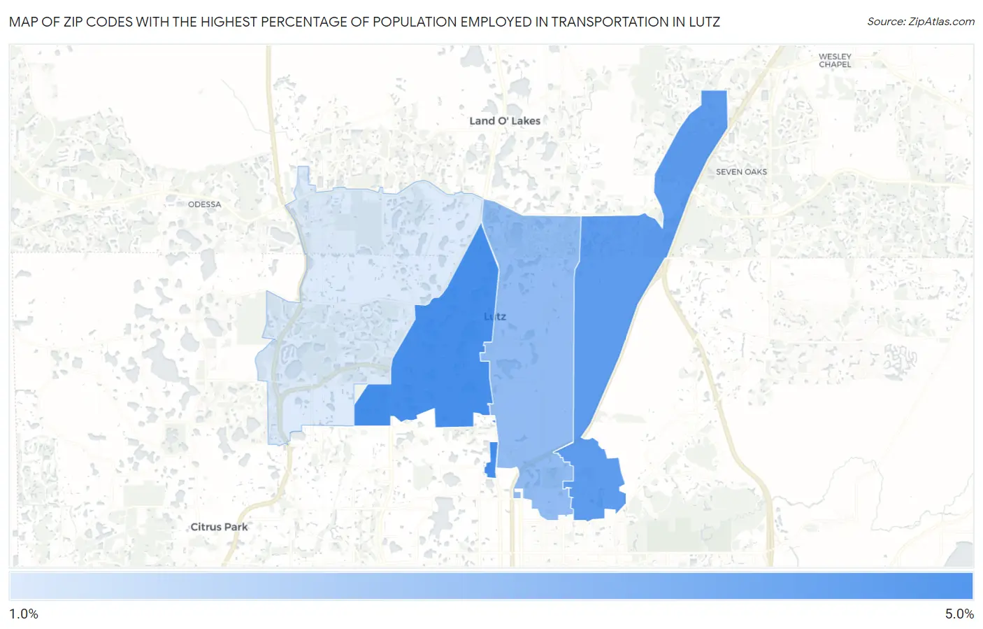 Zip Codes with the Highest Percentage of Population Employed in Transportation in Lutz Map