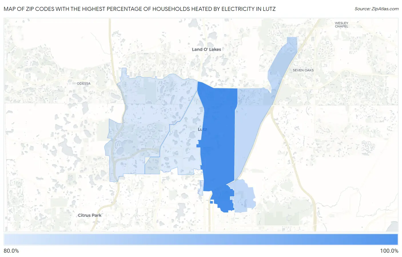 Zip Codes with the Highest Percentage of Households Heated by Electricity in Lutz Map
