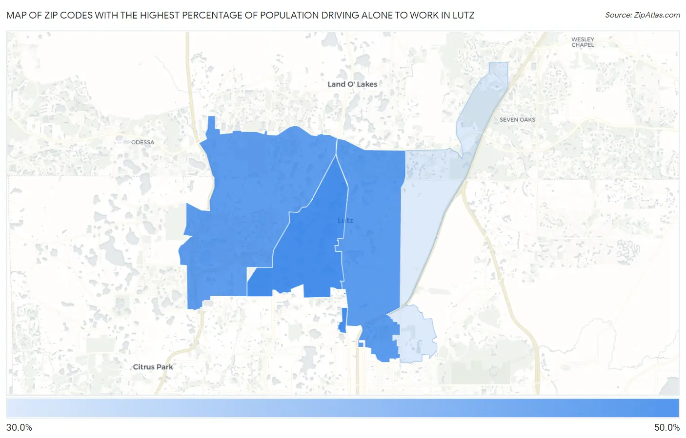 Zip Codes with the Highest Percentage of Population Driving Alone to Work in Lutz Map