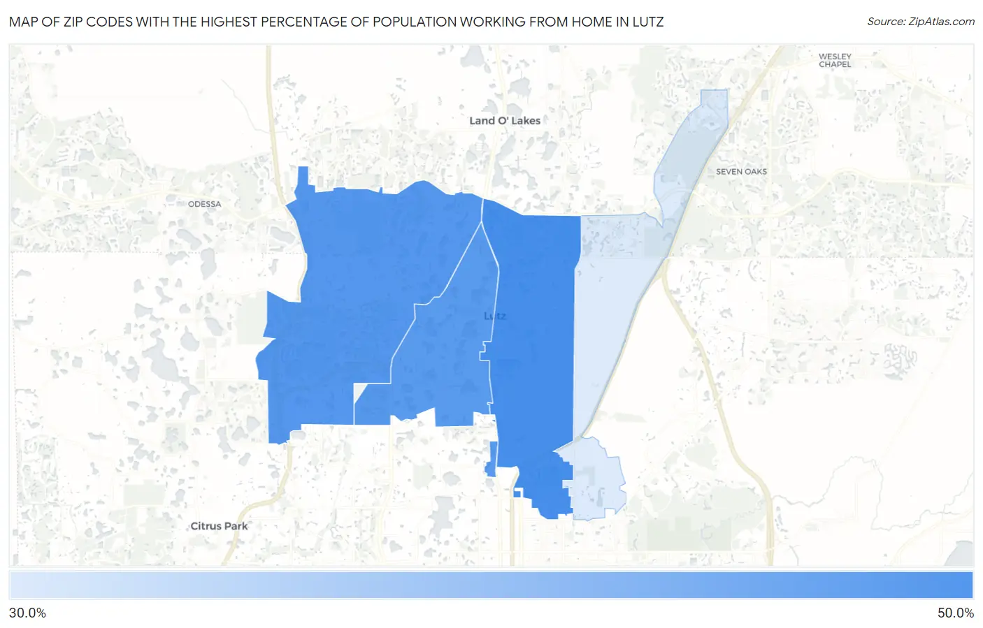 Zip Codes with the Highest Percentage of Population Working from Home in Lutz Map
