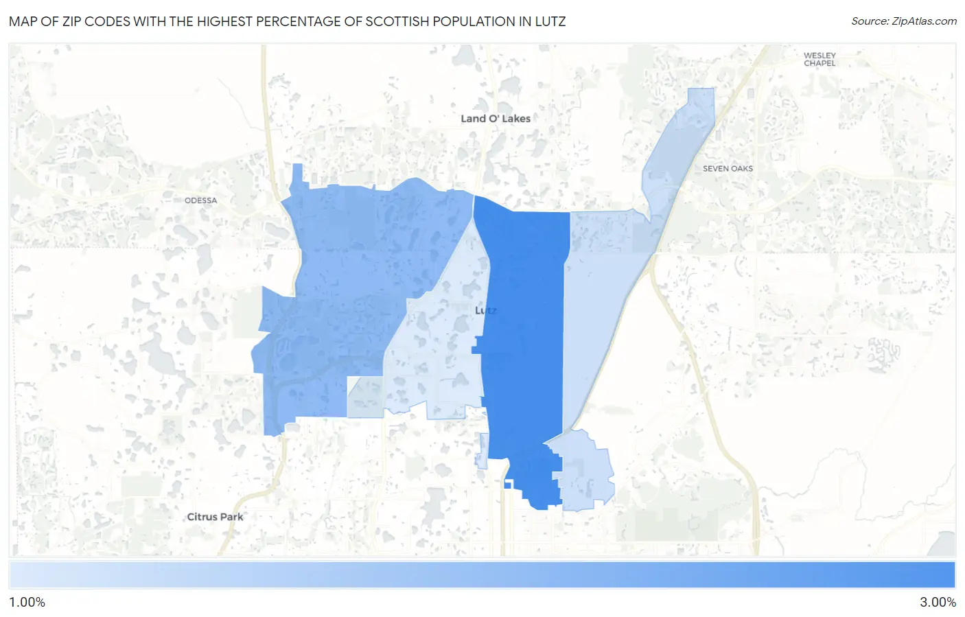 Zip Codes with the Highest Percentage of Scottish Population in Lutz Map