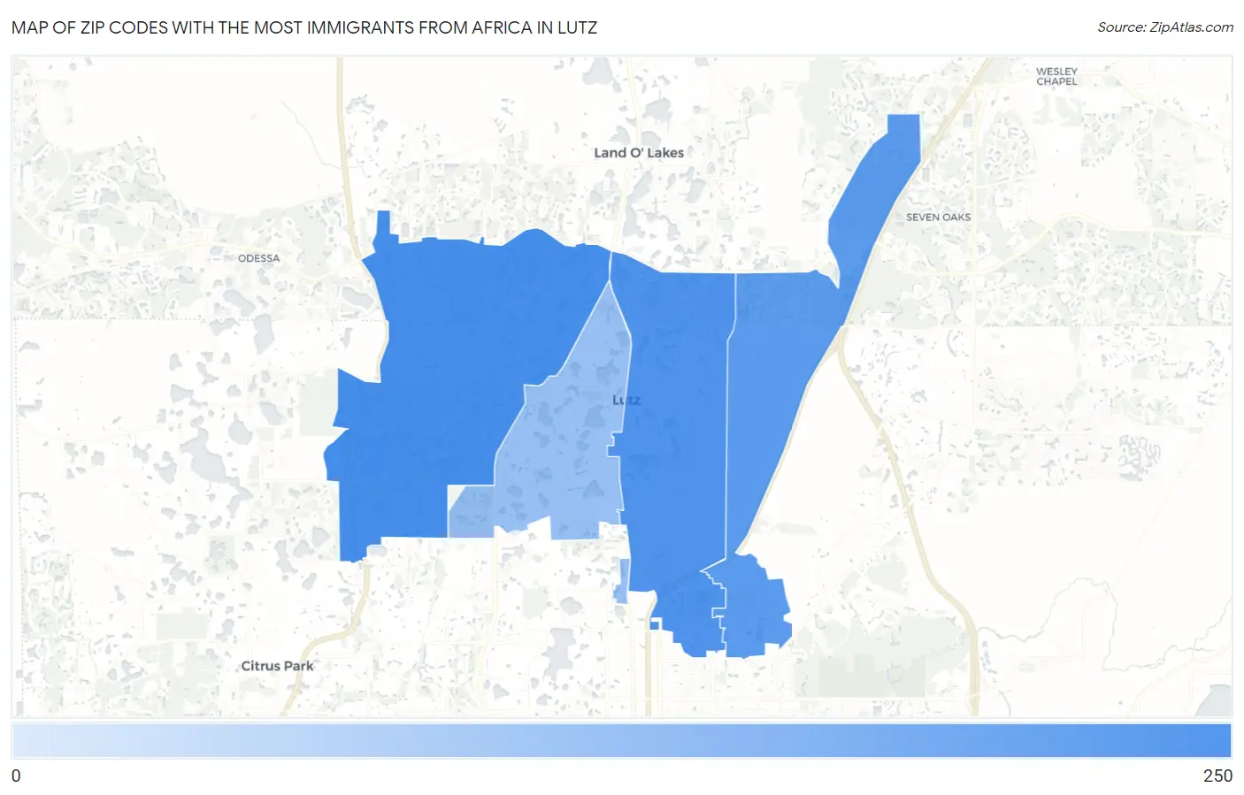Zip Codes with the Most Immigrants from Africa in Lutz Map