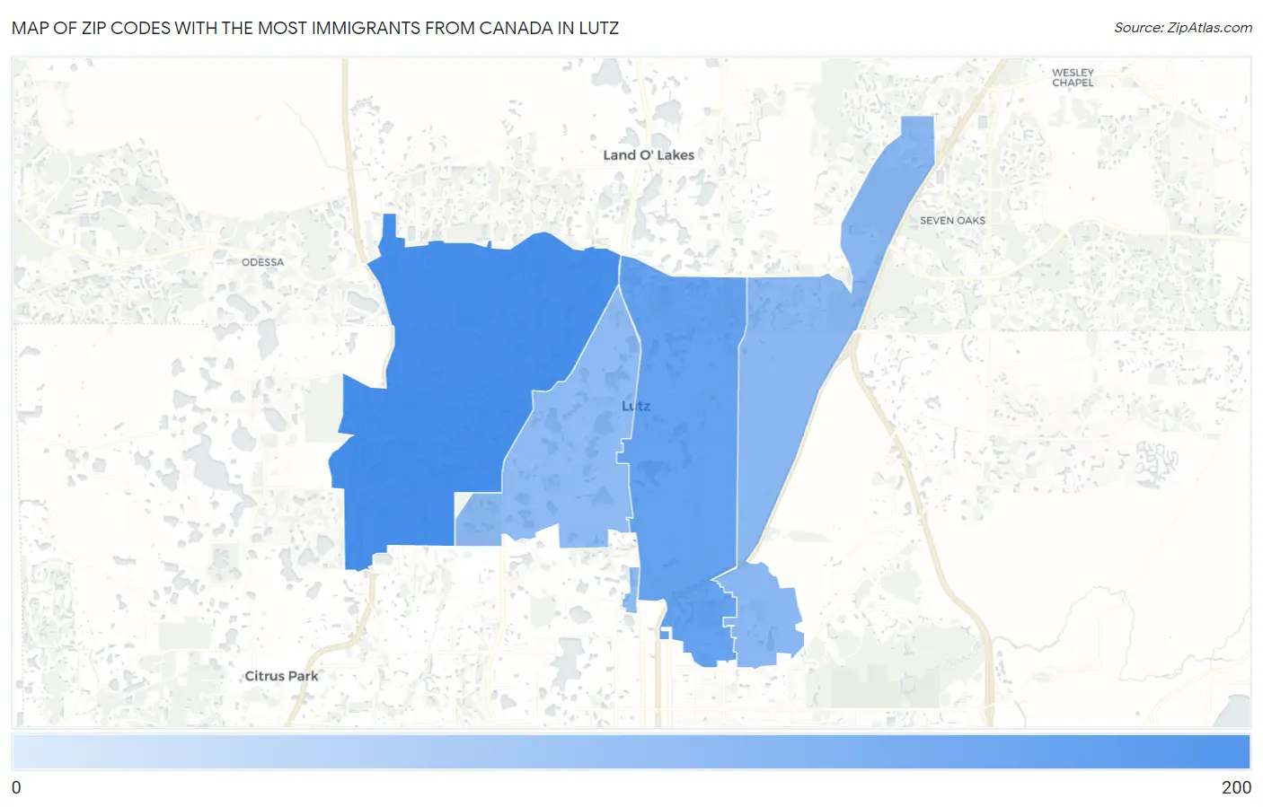 Zip Codes with the Most Immigrants from Canada in Lutz Map
