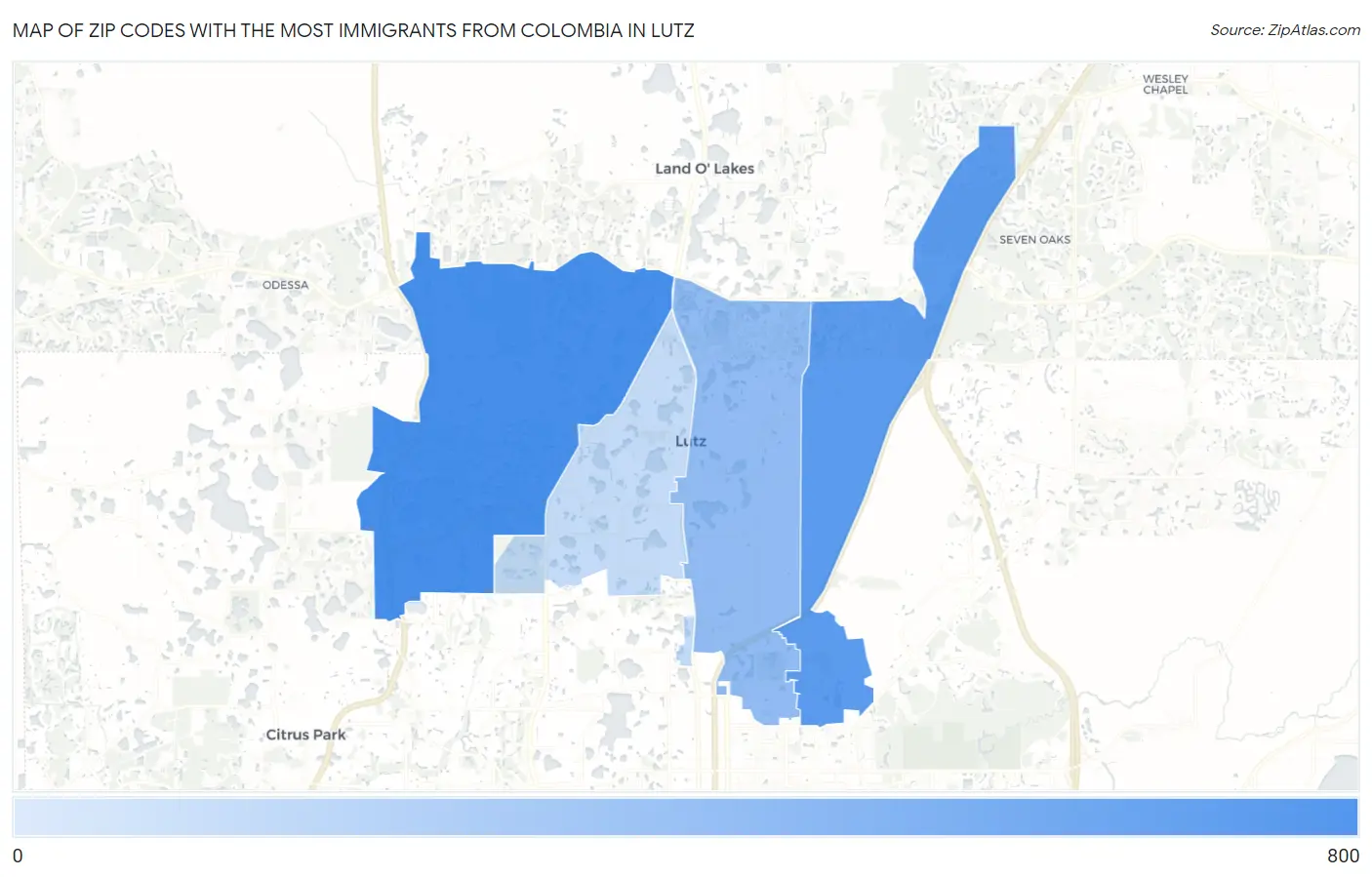 Zip Codes with the Most Immigrants from Colombia in Lutz Map