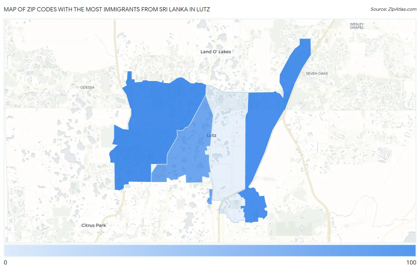 Zip Codes with the Most Immigrants from Sri Lanka in Lutz Map