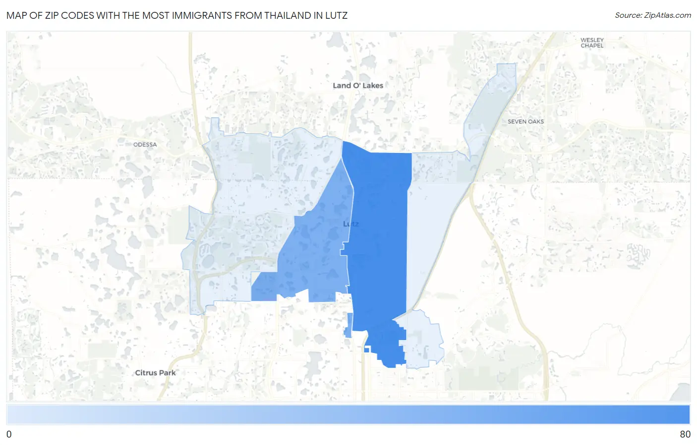 Zip Codes with the Most Immigrants from Thailand in Lutz Map