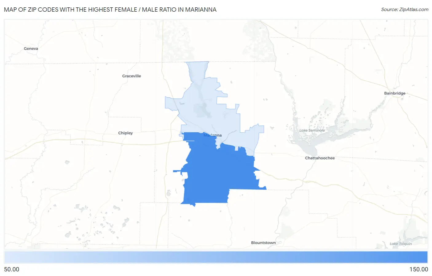 Zip Codes with the Highest Female / Male Ratio in Marianna Map
