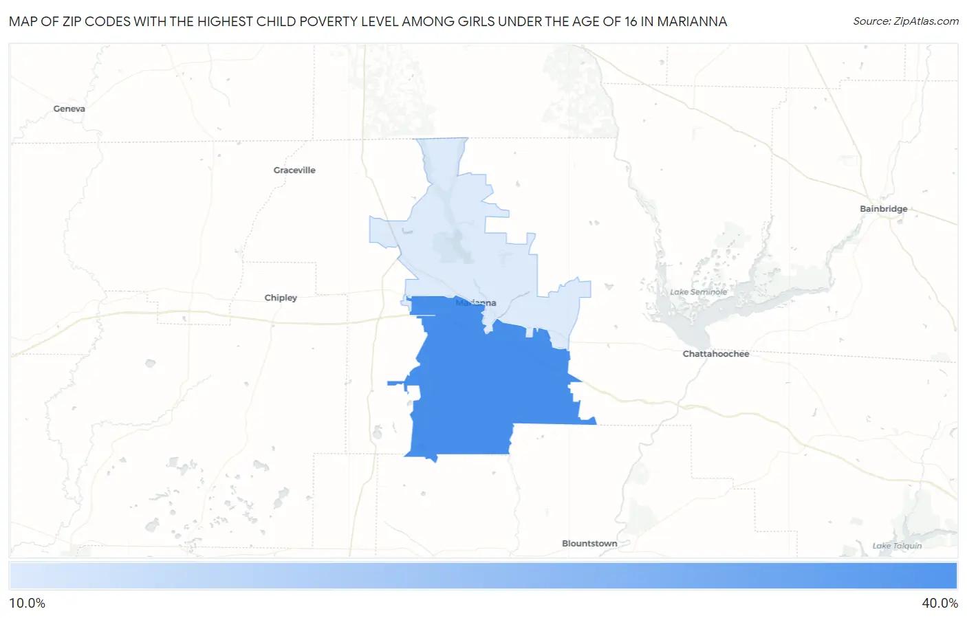 Zip Codes with the Highest Child Poverty Level Among Girls Under the Age of 16 in Marianna Map