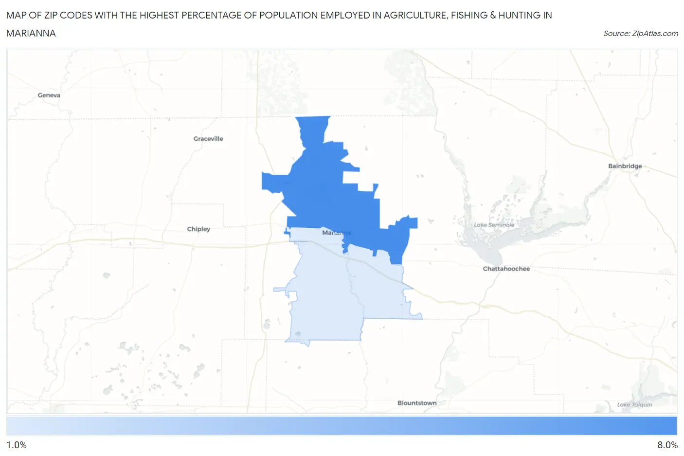 Zip Codes with the Highest Percentage of Population Employed in Agriculture, Fishing & Hunting in Marianna Map