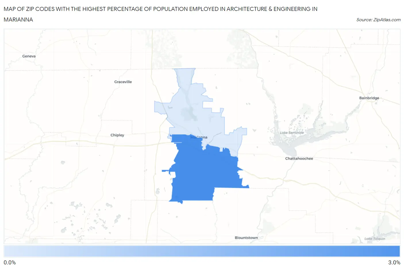 Zip Codes with the Highest Percentage of Population Employed in Architecture & Engineering in Marianna Map