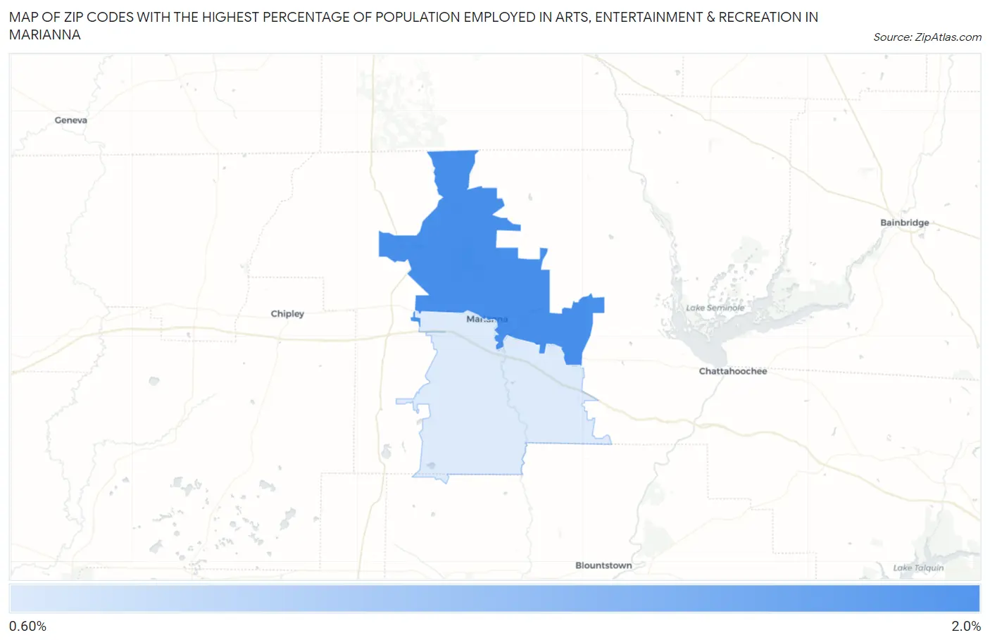 Zip Codes with the Highest Percentage of Population Employed in Arts, Entertainment & Recreation in Marianna Map