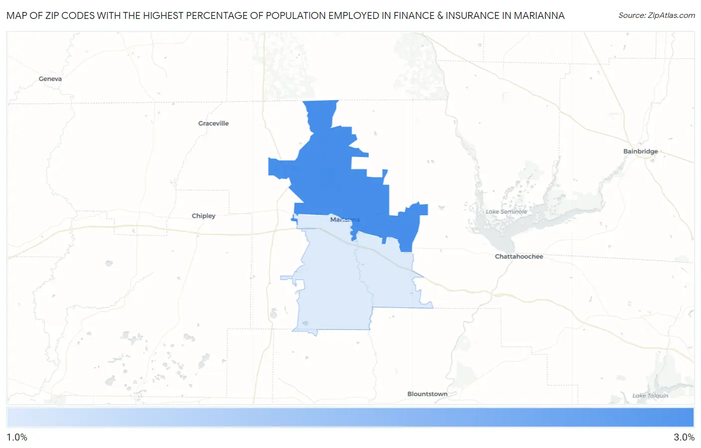 Zip Codes with the Highest Percentage of Population Employed in Finance & Insurance in Marianna Map