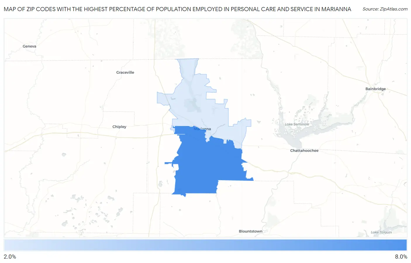 Zip Codes with the Highest Percentage of Population Employed in Personal Care and Service in Marianna Map