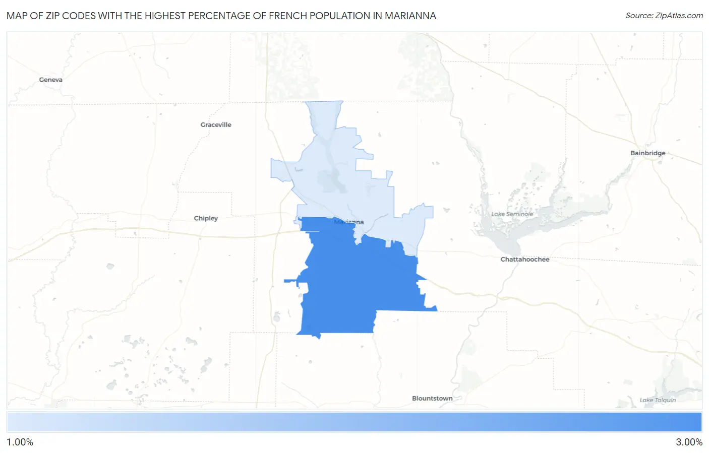 Zip Codes with the Highest Percentage of French Population in Marianna Map
