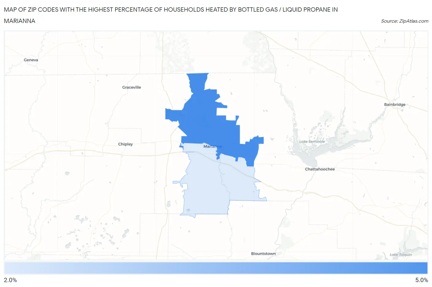 Zip Codes with the Highest Percentage of Households Heated by Bottled Gas / Liquid Propane in Marianna Map