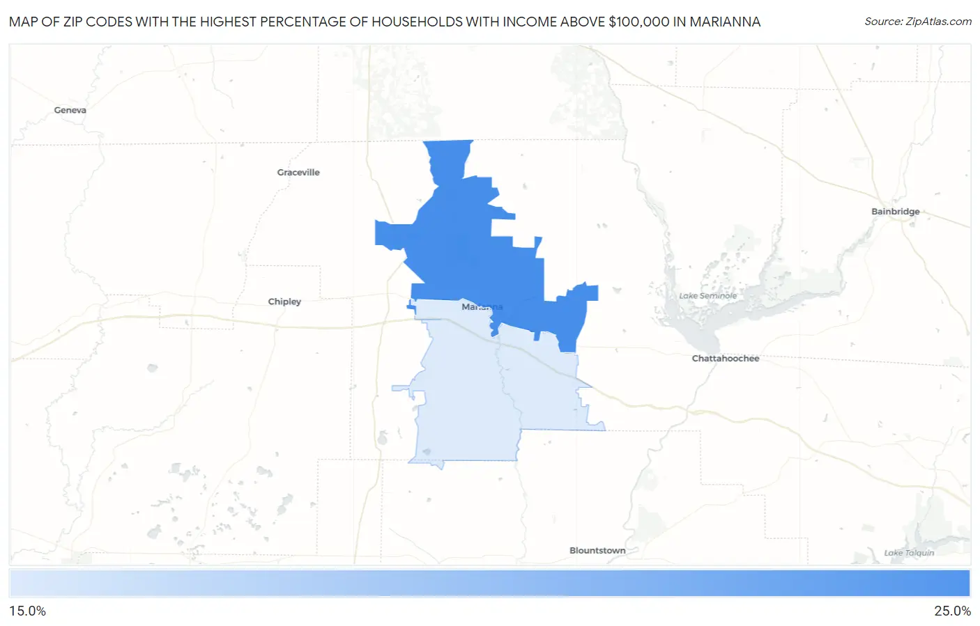 Zip Codes with the Highest Percentage of Households with Income Above $100,000 in Marianna Map