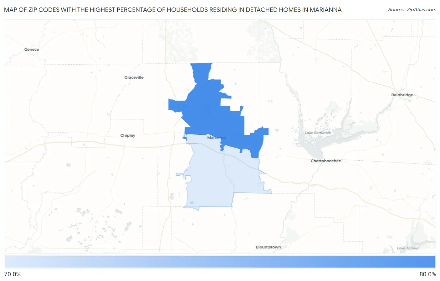 Zip Codes with the Highest Percentage of Households Residing in Detached Homes in Marianna Map