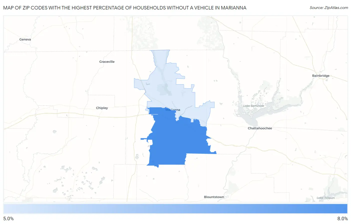 Zip Codes with the Highest Percentage of Households Without a Vehicle in Marianna Map
