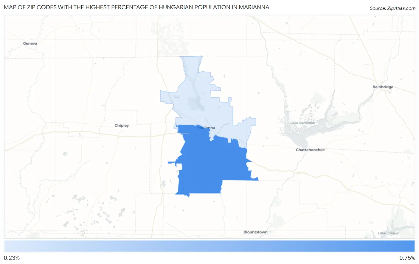 Zip Codes with the Highest Percentage of Hungarian Population in Marianna Map