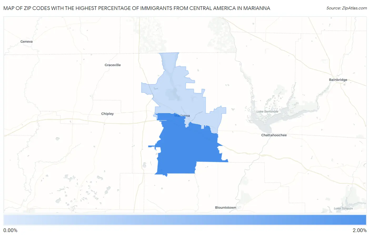 Zip Codes with the Highest Percentage of Immigrants from Central America in Marianna Map