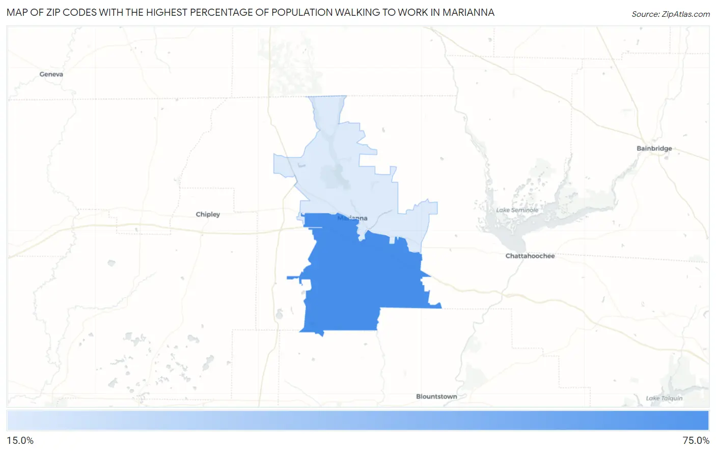 Zip Codes with the Highest Percentage of Population Walking to Work in Marianna Map