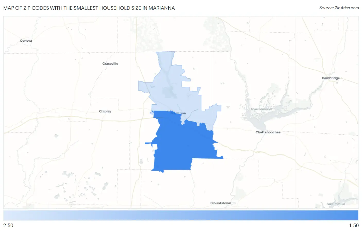 Zip Codes with the Smallest Household Size in Marianna Map