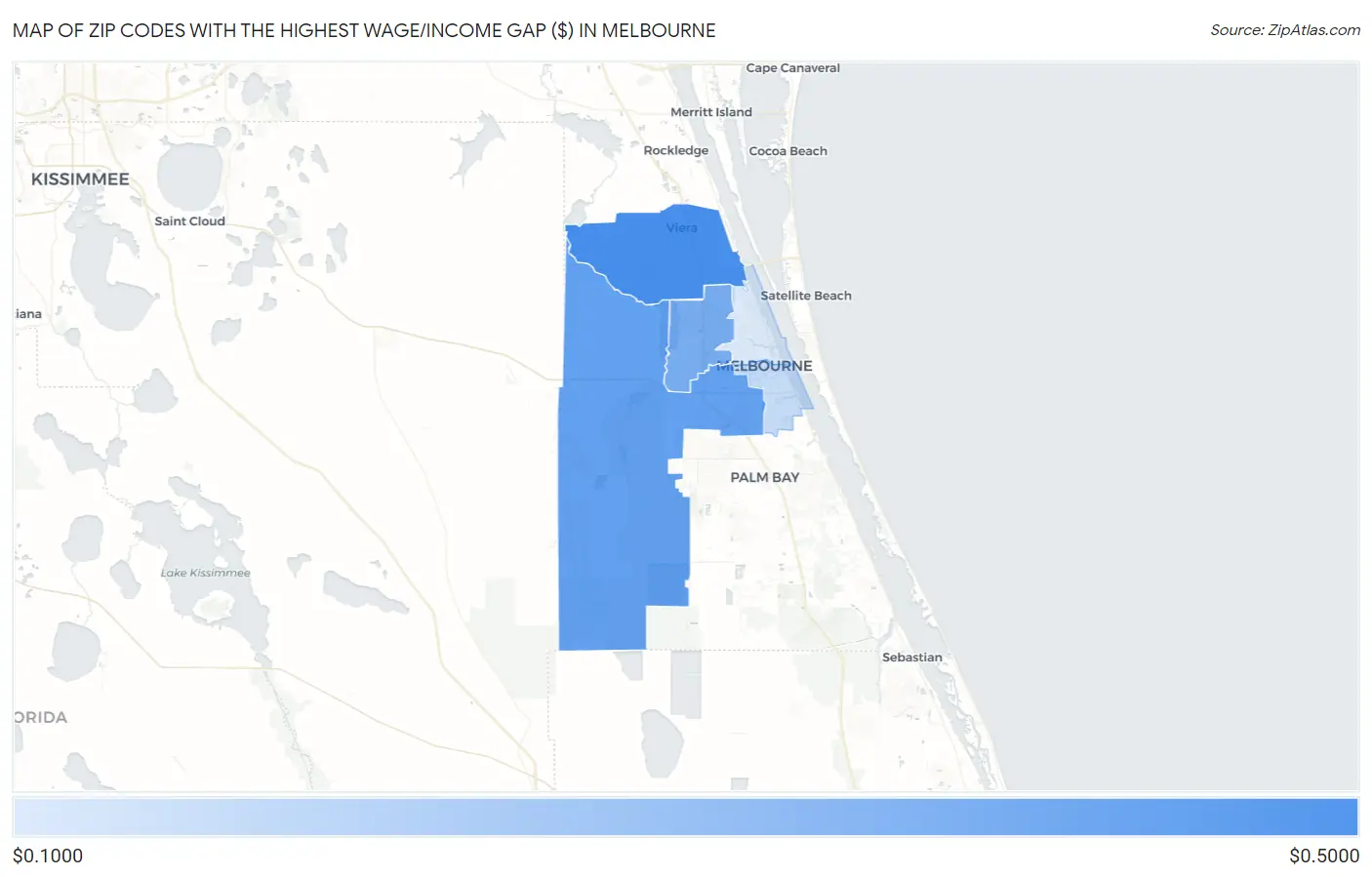 Zip Codes with the Highest Wage/Income Gap ($) in Melbourne Map