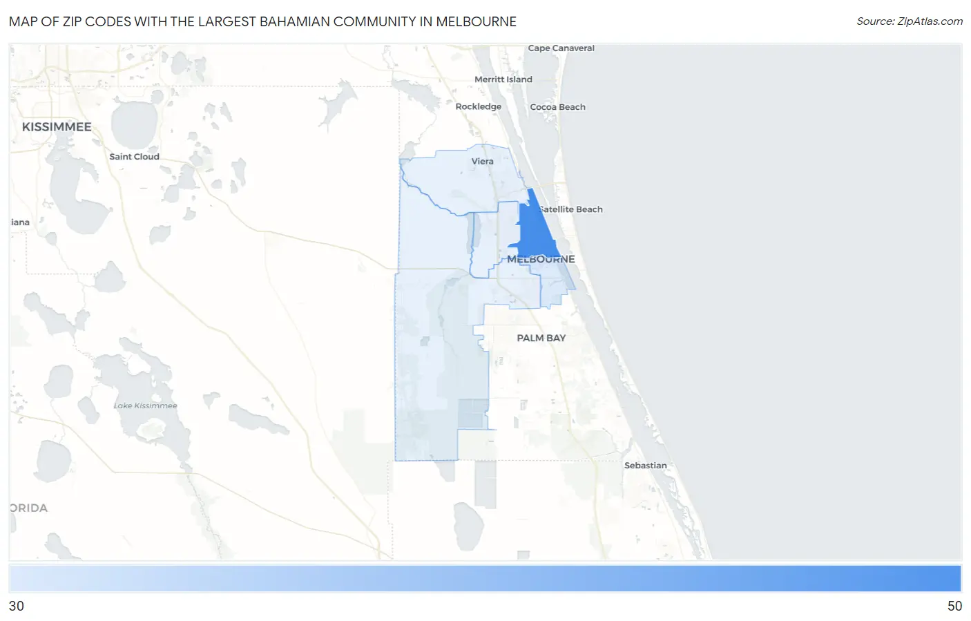 Zip Codes with the Largest Bahamian Community in Melbourne Map