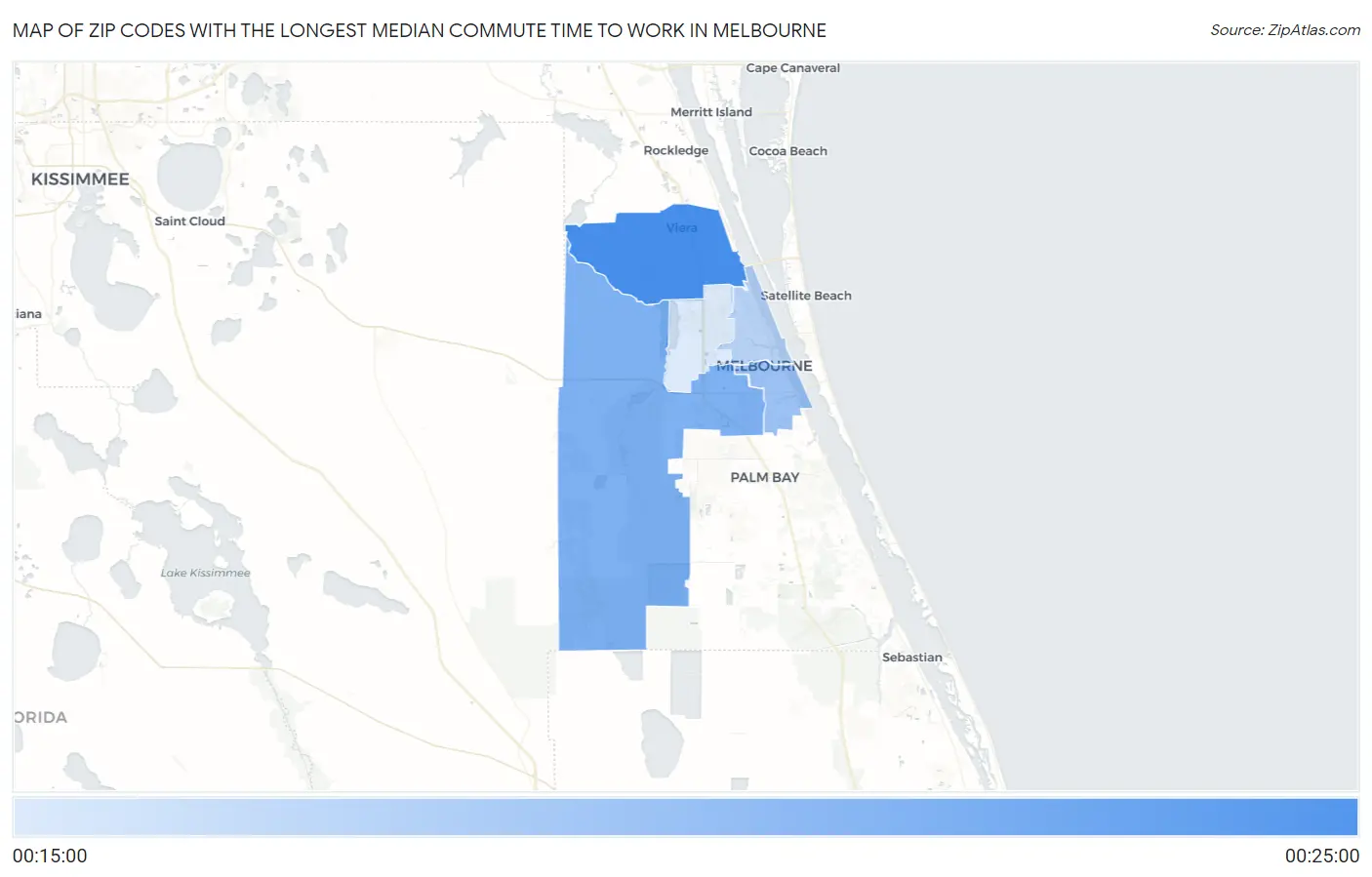Zip Codes with the Longest Median Commute Time to Work in Melbourne Map