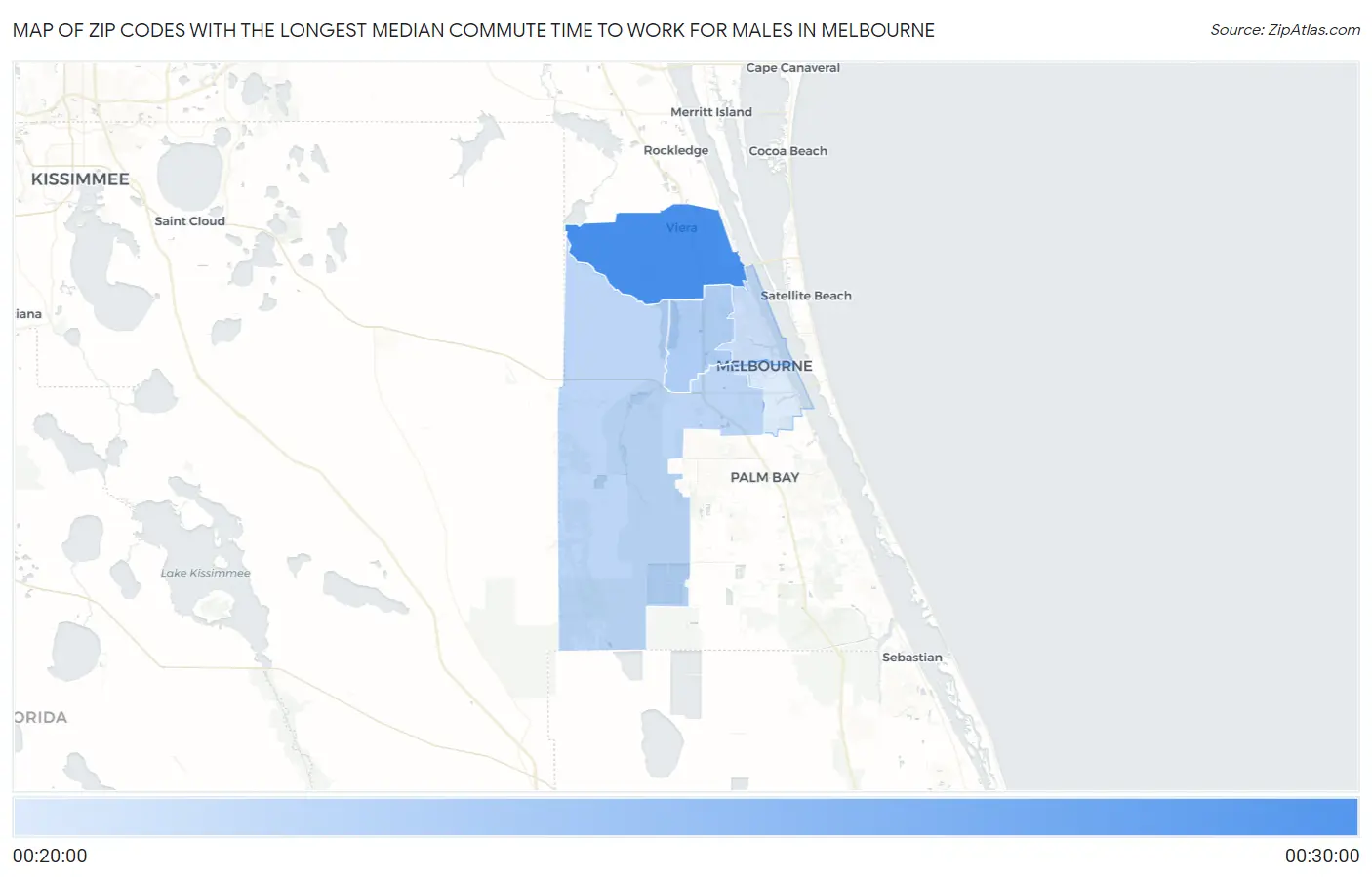 Zip Codes with the Longest Median Commute Time to Work for Males in Melbourne Map