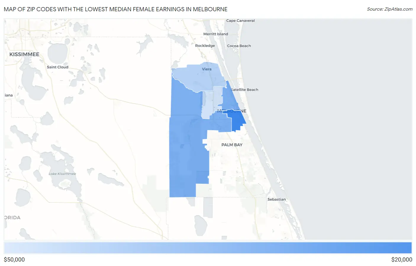 Zip Codes with the Lowest Median Female Earnings in Melbourne Map