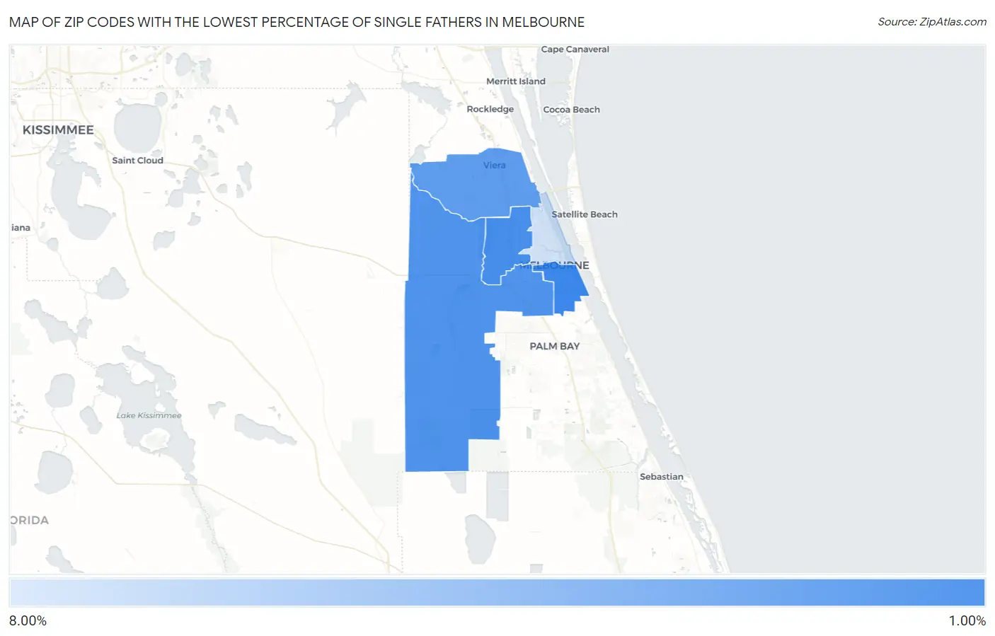 Zip Codes with the Lowest Percentage of Single Fathers in Melbourne Map