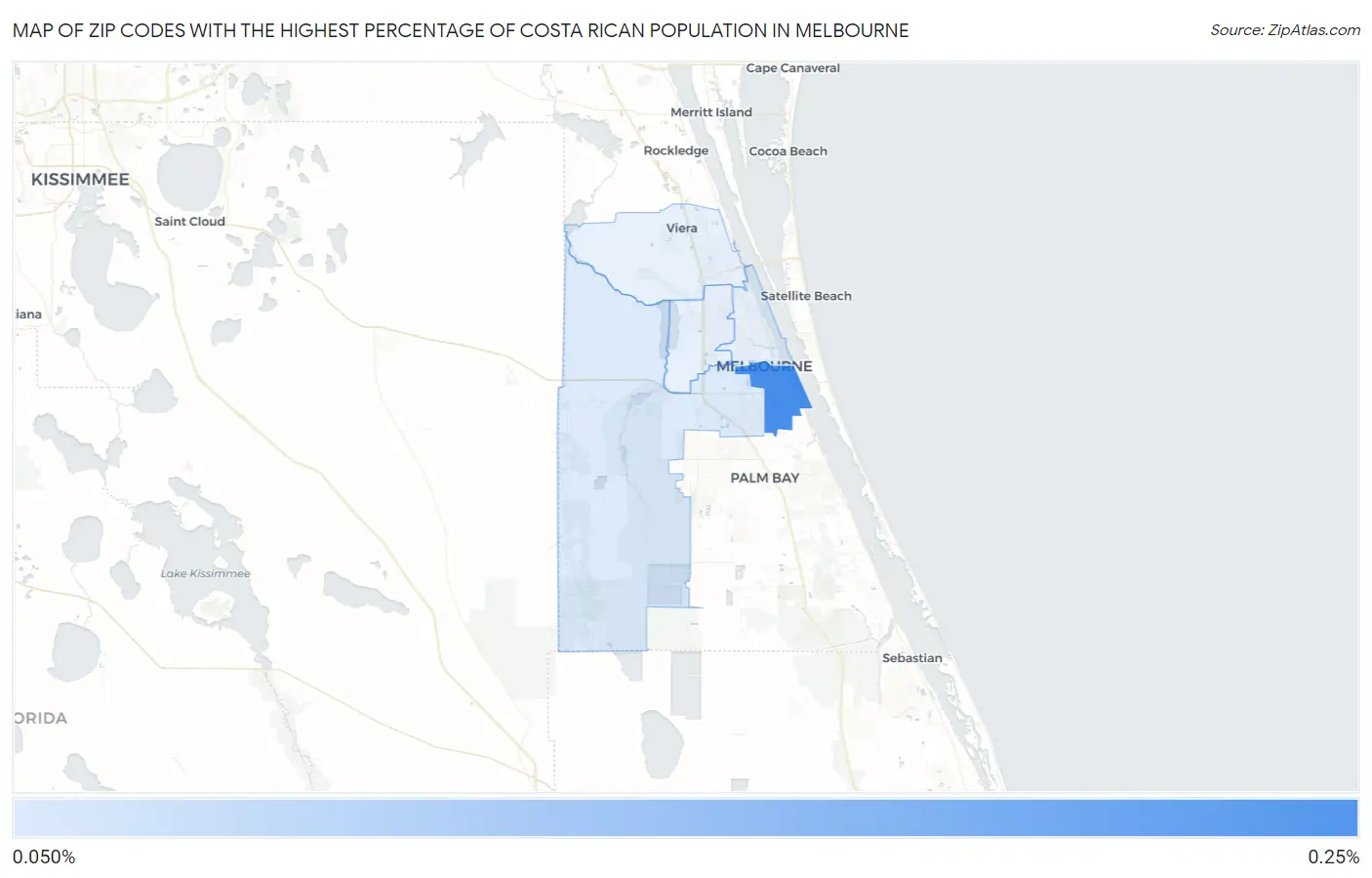 Zip Codes with the Highest Percentage of Costa Rican Population in Melbourne Map