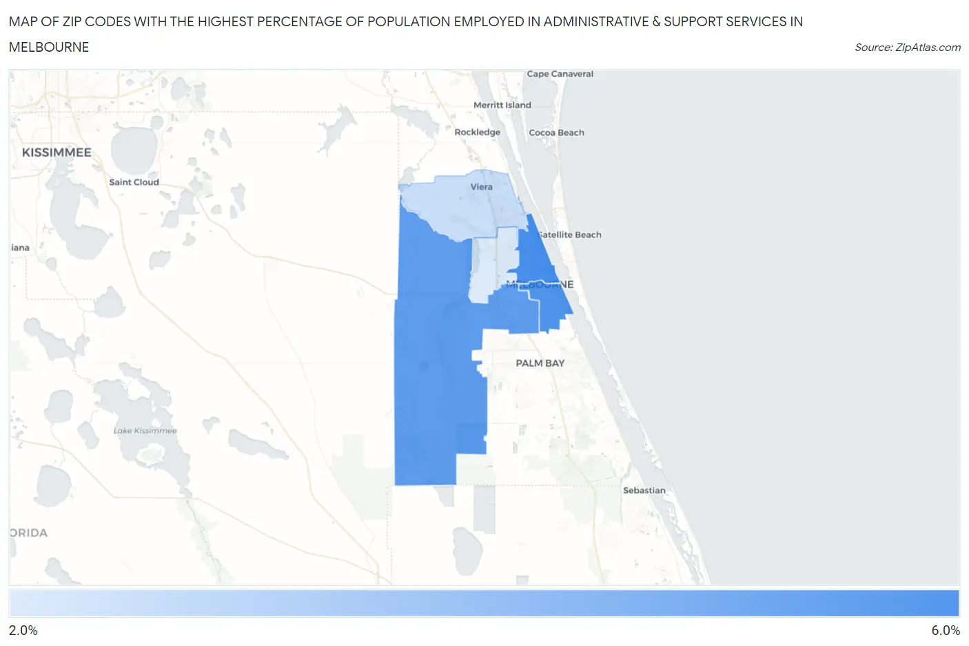 Zip Codes with the Highest Percentage of Population Employed in Administrative & Support Services in Melbourne Map