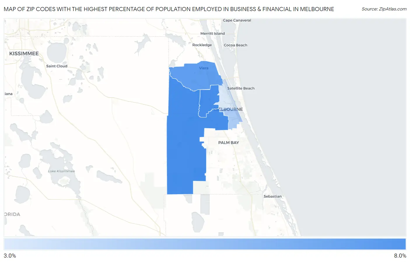Zip Codes with the Highest Percentage of Population Employed in Business & Financial in Melbourne Map