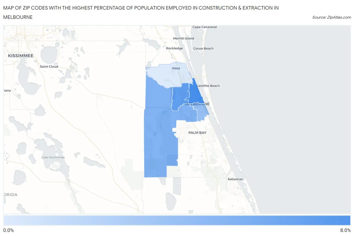 Zip Codes with the Highest Percentage of Population Employed in Construction & Extraction in Melbourne Map