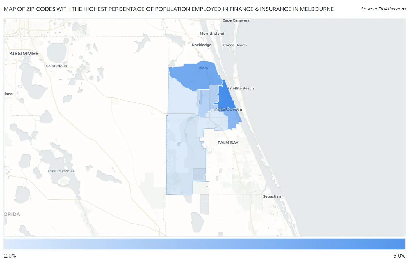 Zip Codes with the Highest Percentage of Population Employed in Finance & Insurance in Melbourne Map