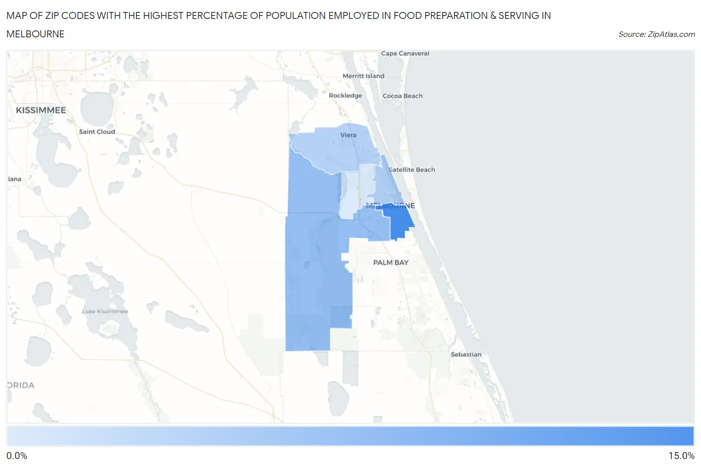 Zip Codes with the Highest Percentage of Population Employed in Food Preparation & Serving in Melbourne Map