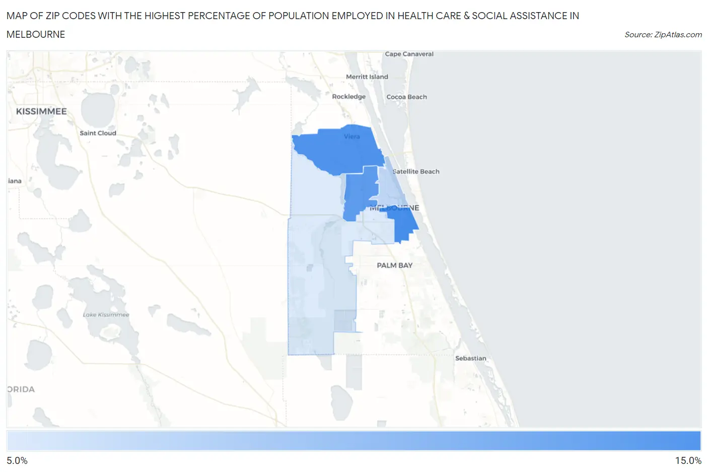 Zip Codes with the Highest Percentage of Population Employed in Health Care & Social Assistance in Melbourne Map