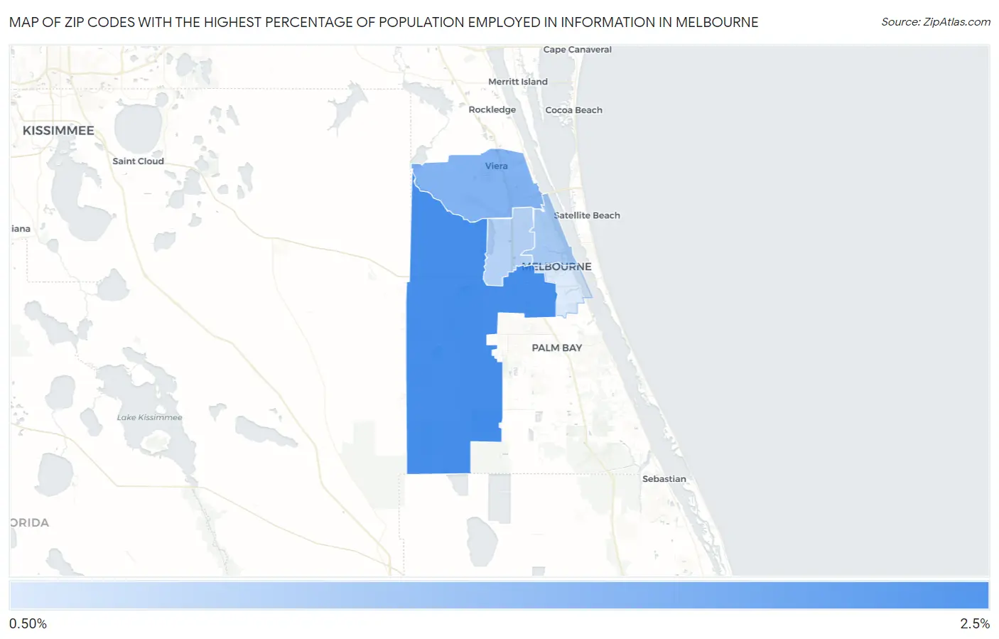 Zip Codes with the Highest Percentage of Population Employed in Information in Melbourne Map