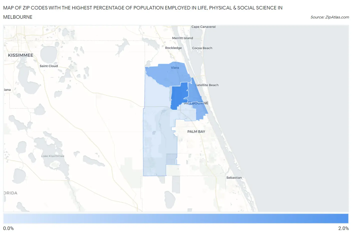 Zip Codes with the Highest Percentage of Population Employed in Life, Physical & Social Science in Melbourne Map