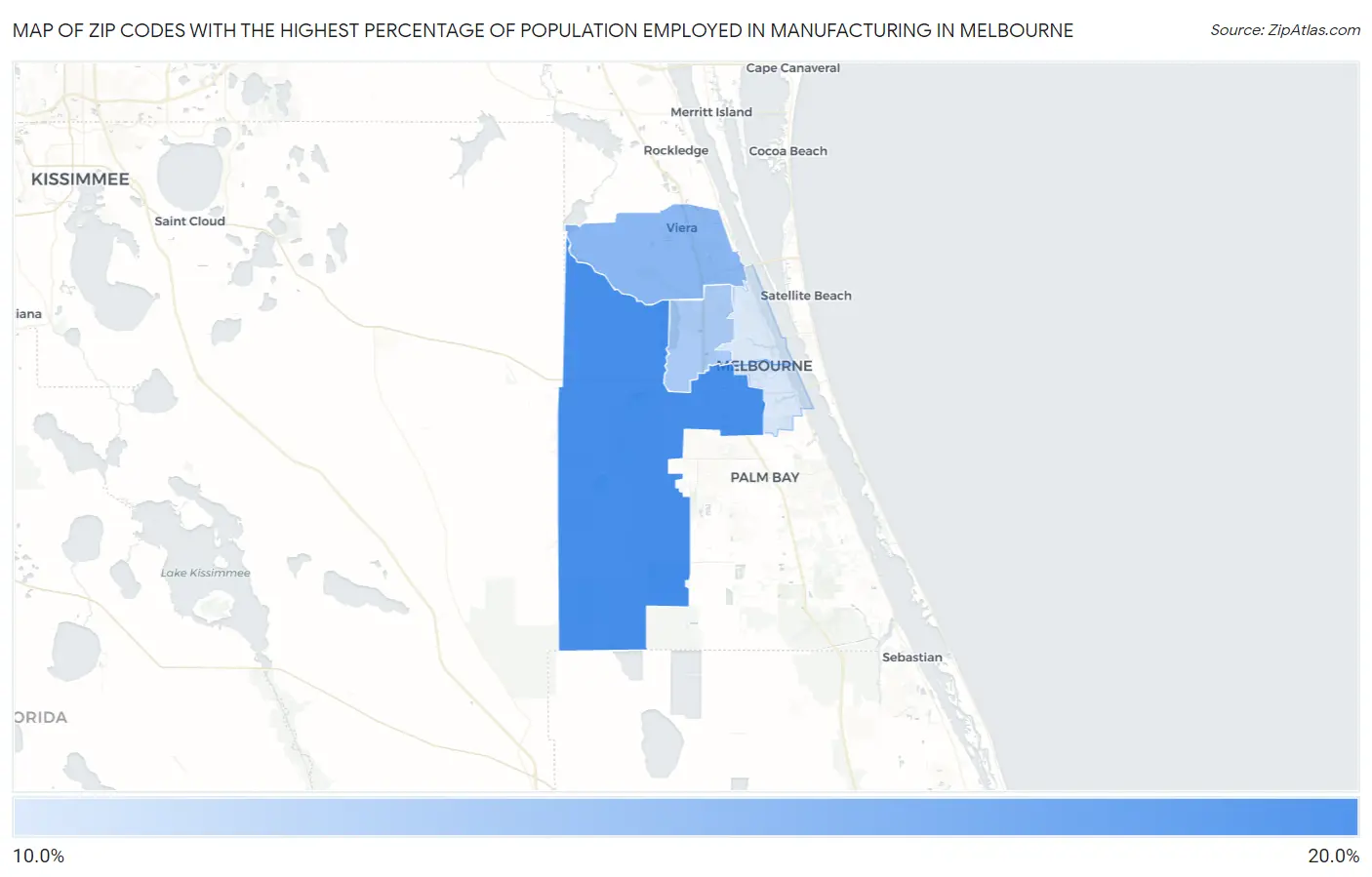 Zip Codes with the Highest Percentage of Population Employed in Manufacturing in Melbourne Map