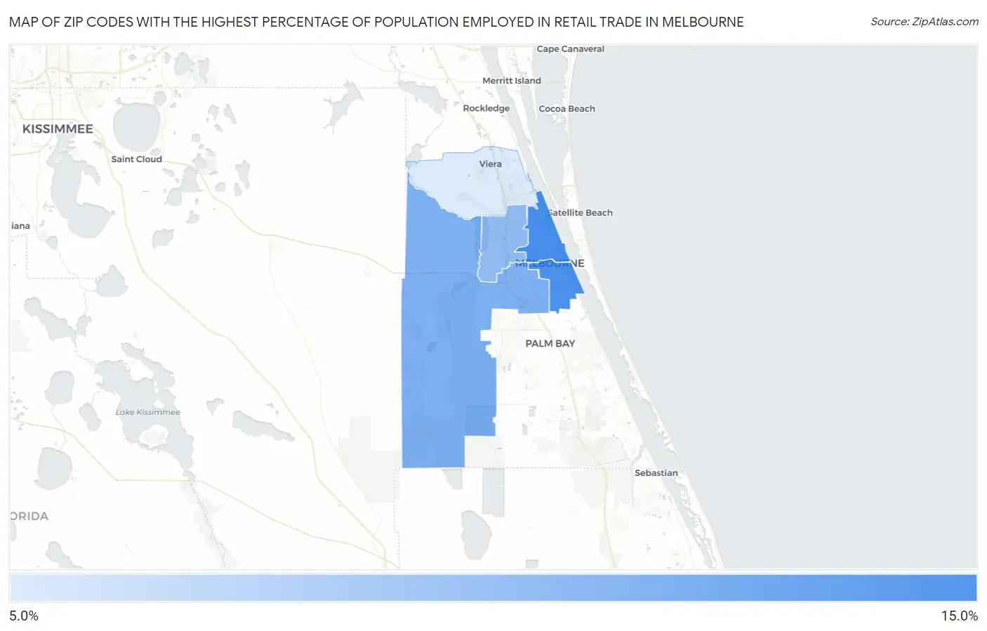 Zip Codes with the Highest Percentage of Population Employed in Retail Trade in Melbourne Map