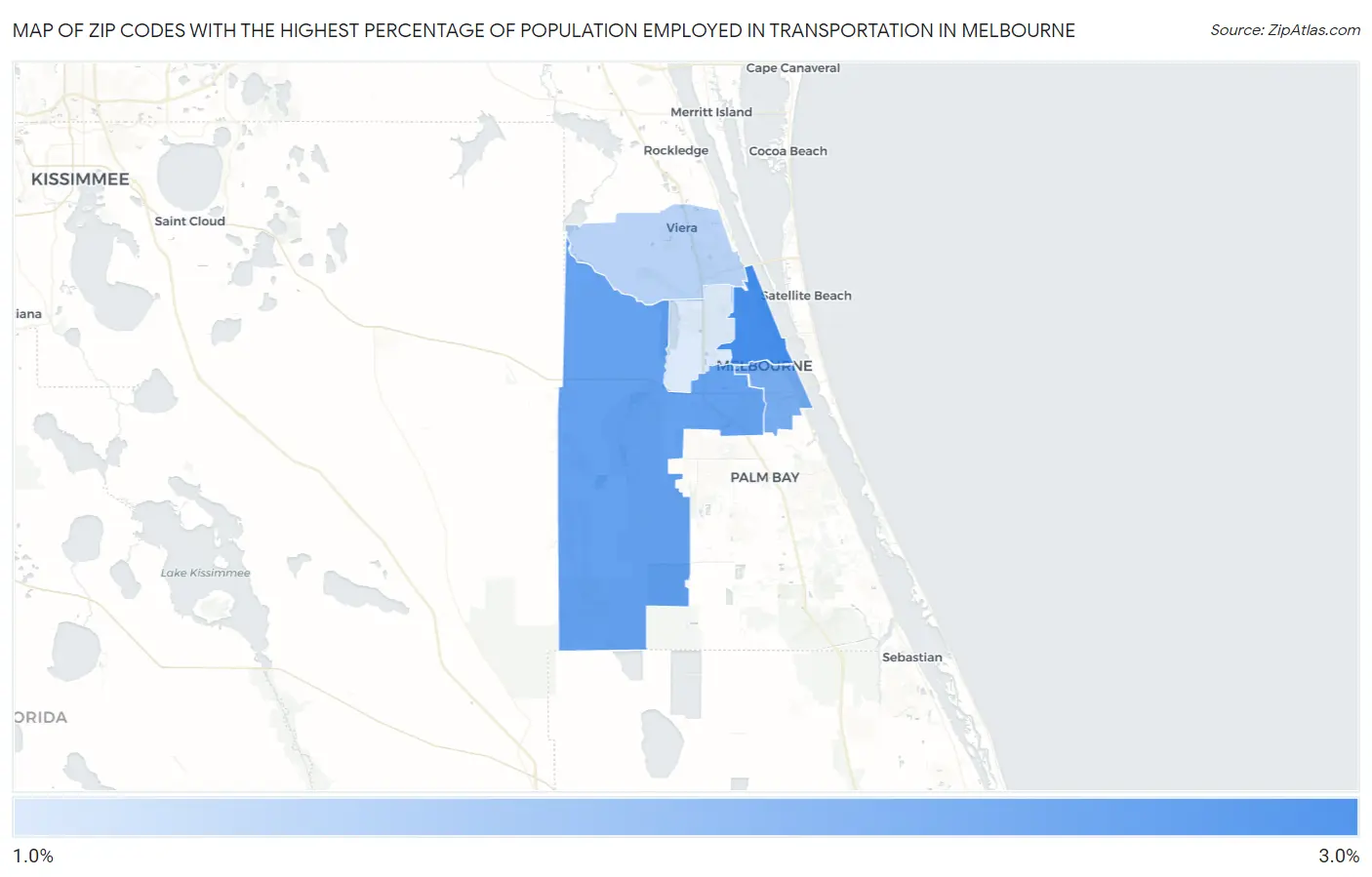 Zip Codes with the Highest Percentage of Population Employed in Transportation in Melbourne Map